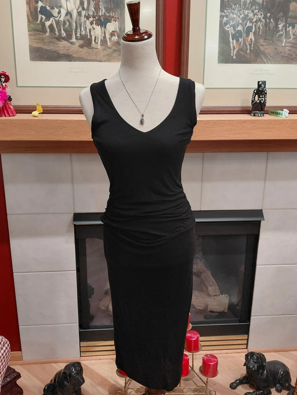 James Perse Classic Black V-Neck T Shirt Sleeveless Dress Ruching Midi Sz 2 S/M